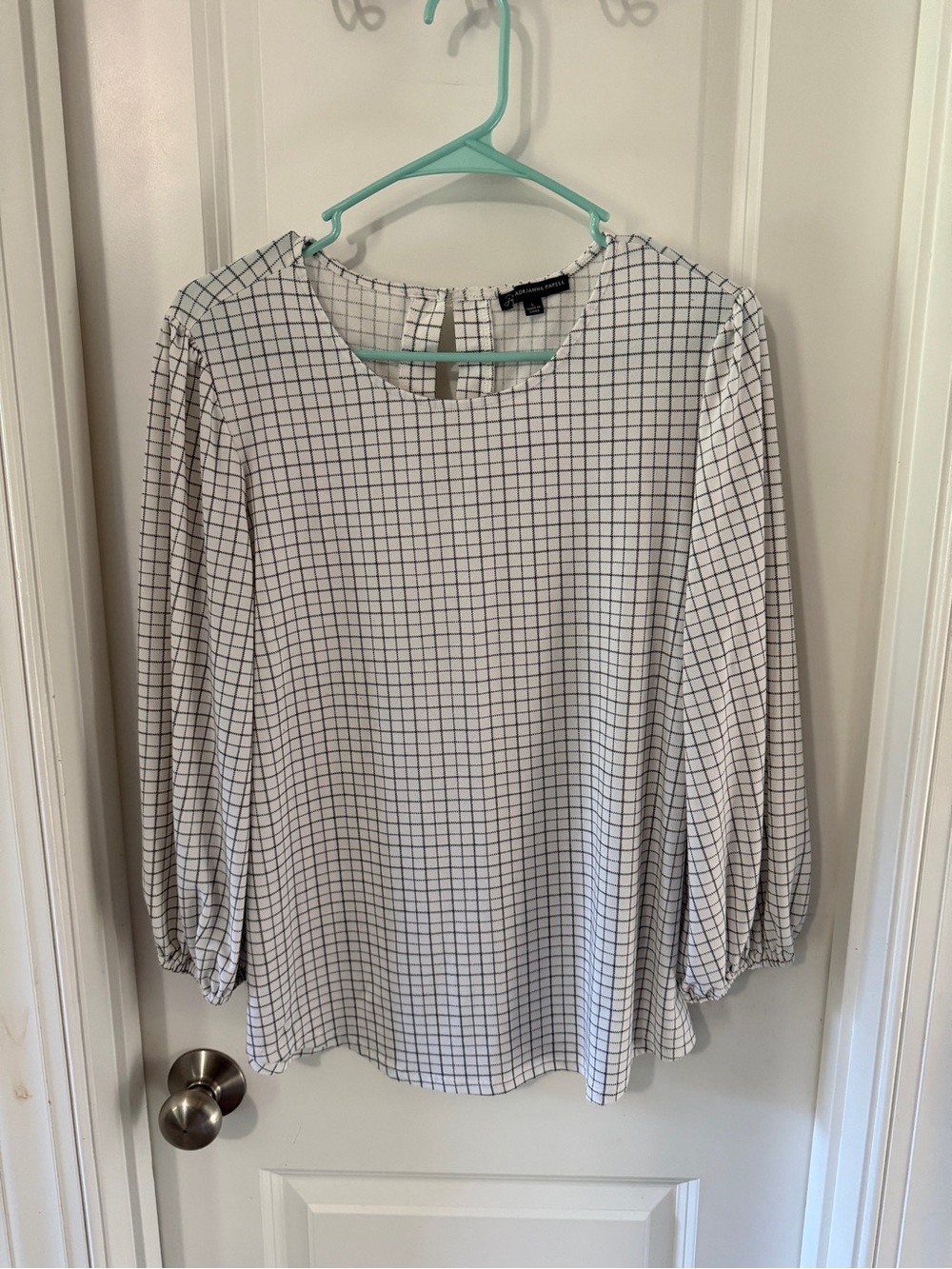 Adrianna Papell White Blouse with Black Grid - Long Sleeve